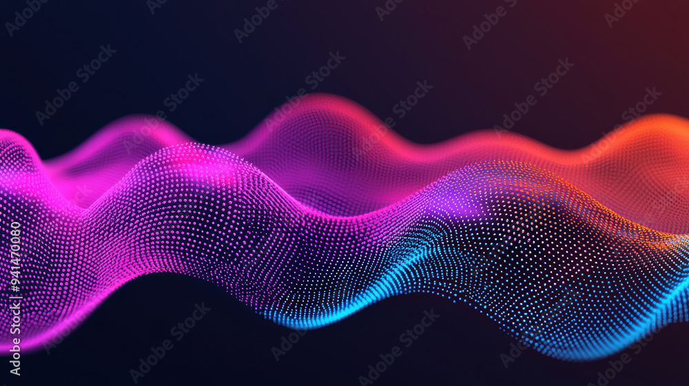 Poster abstract digital wave background with vibrant gradient colors and glowing dots forming a flowing, fu