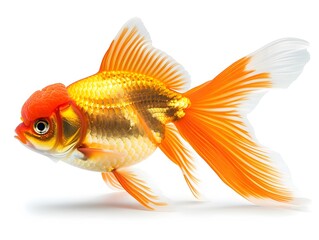 Fototapeta premium Gracefully Swimming Goldfish on White Background Ornamental Fish Concept