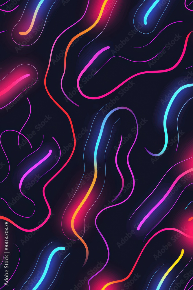 Poster neon abstract lines on a dark background create an energetic and vibrant pattern, perfect for modern