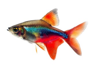 Fototapeta premium Vibrant Cardinal Tetra Fish Swimming Energetically on White Background