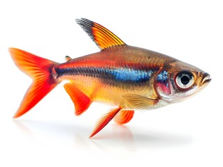 Fototapeta premium Vibrant Cardinal Tetra Swimming Energetically in Isolated White Background