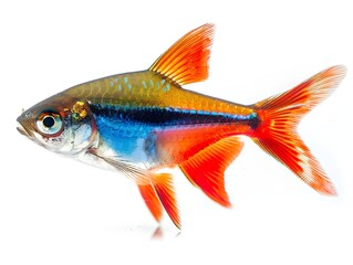 Fototapeta premium Vibrant Cardinal Tetra Fish Swimming Energetically in Captivating Ornamental Aquatic Environment with Vivid Red and Blue Hues on Clean White