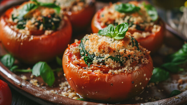baked stuffed tomatoes filled with a mixture of quinoa, spinach, and Parmesan, topped with breadcrumbs, served on a rustic ceramic dish with a sprinkle of fresh basil