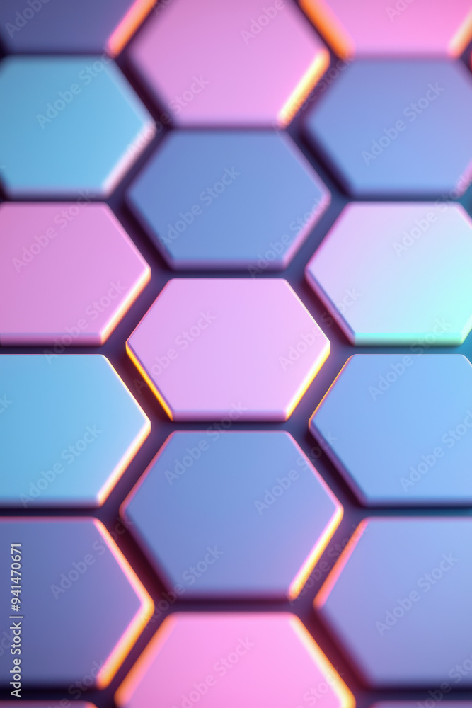 Poster abstract hexagonal pattern in vibrant pastel colors with gradient light, ideal for backgrounds, wall