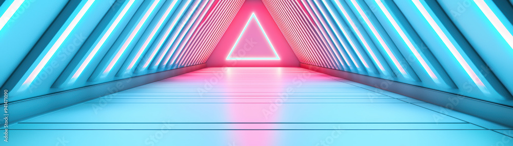 Poster futuristic neon-lit tunnel with triangular design and vibrant colors creating a modern and sci-fi at