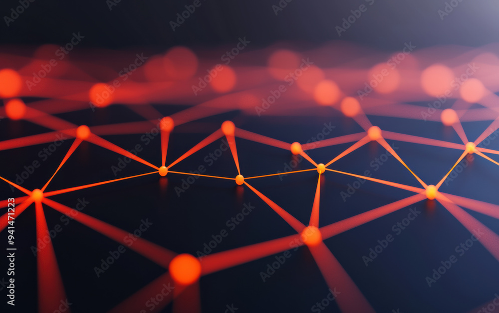 Poster abstract network of bright red connected nodes and lines on a dark background, representing modern t