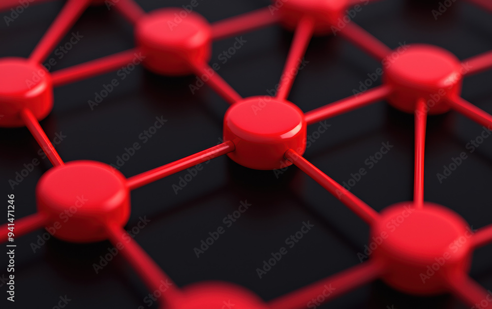 Poster abstract image of a red connected network node on a dark background, illustrating technology and com