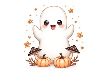 Obraz premium Cute Ghost Doodle Tattoo Design with Flowers, Mushrooms, and Pumpkins