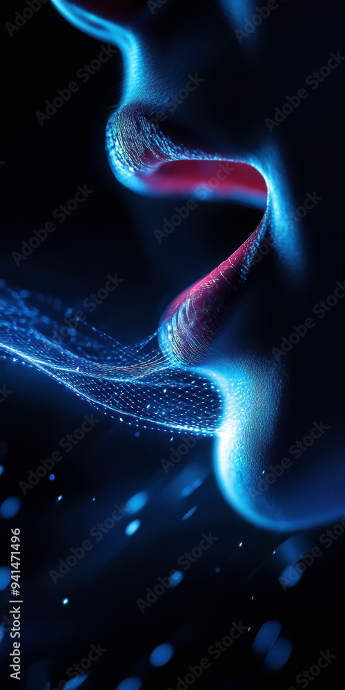 Poster a captivating close-up of lips emitting a stream of glowing data, symbolizing the intersection of co