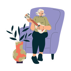 Senior Woman Character Sit on Armchair Play Guitar Vector Illustration