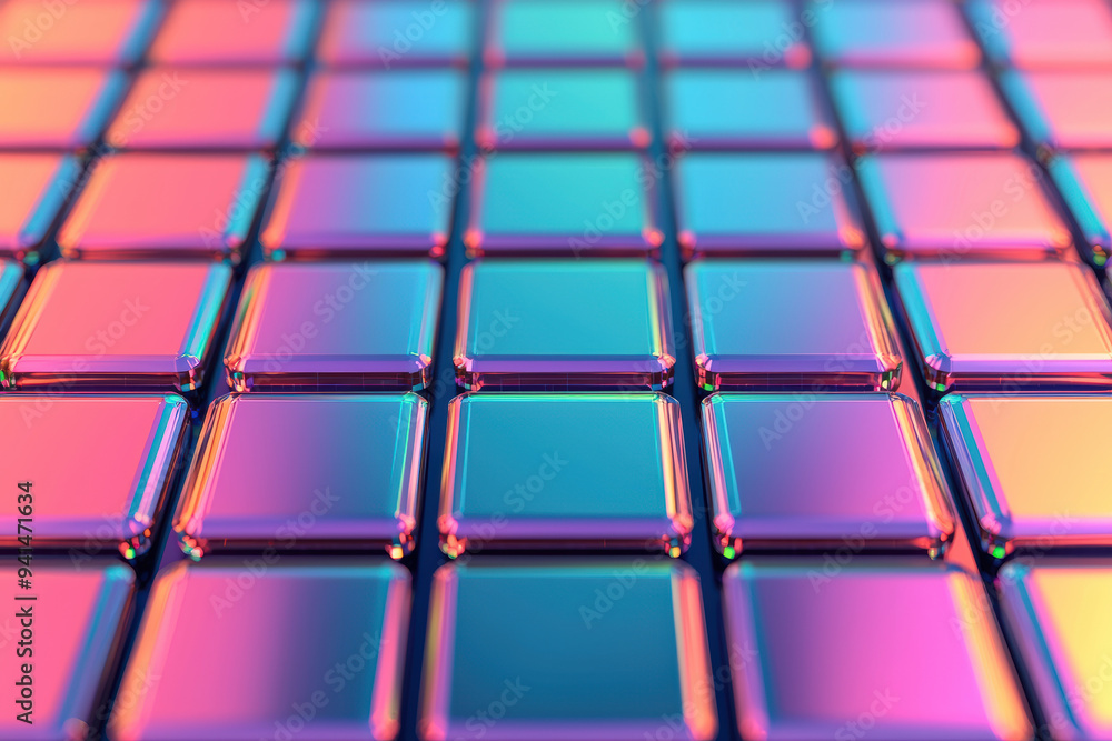 Poster colorful reflective tiles arranged in a grid pattern, creating a mesmerizing geometric design with v