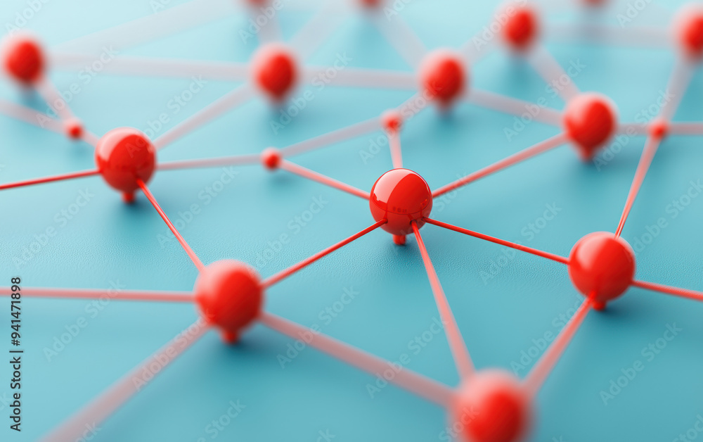 Aufkleber abstract of interconnected red spheres with thin lines on a blue surface, representing a network or 