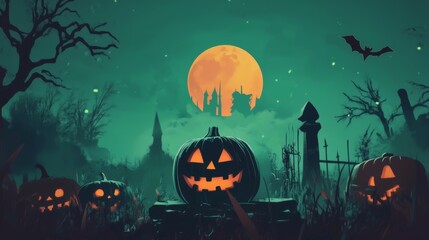 Eerie Halloween Night with Glowing Jack-o'-Lanterns in a Foggy Graveyard, Large Full Moon Illuminating a Spooky Castle Silhouette, and a Bat Flying in the Night Sky