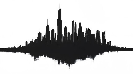Naklejka premium CG Futuristic City Skyline Silhouette: A sleek, CG-rendered silhouette of a futuristic city skyline, set against a stark white background. 