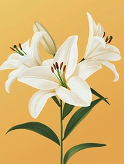 Naklejka premium A digital illustration of elegant white lilies against a warm orange background.