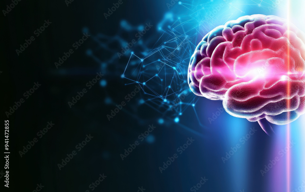 Poster a vibrant representation of a human brain surrounded by a digital network, symbolizing the intersect