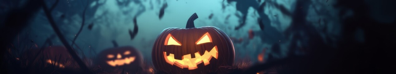 Spooky Halloween Banner for Website with Glowing Jack-o'-Lanterns in a Dark Forest, Creating a Chilling Atmosphere Perfect for Halloween-Themed Web Design

