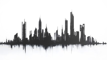 Fototapeta premium CG Futuristic City Skyline Silhouette: A sleek, CG-rendered silhouette of a futuristic city skyline, set against a stark white background. 