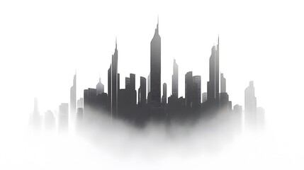 Obraz premium CG Futuristic City Skyline Silhouette: A sleek, CG-rendered silhouette of a futuristic city skyline, set against a stark white background. 