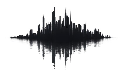 Fototapeta premium CG Futuristic City Skyline Silhouette: A sleek, CG-rendered silhouette of a futuristic city skyline, set against a stark white background. 