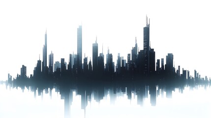 Obraz premium CG Futuristic City Skyline Silhouette: A sleek, CG-rendered silhouette of a futuristic city skyline, set against a stark white background. 
