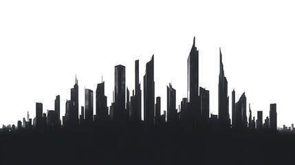 Naklejka premium CG Futuristic City Skyline Silhouette: A sleek, CG-rendered silhouette of a futuristic city skyline, set against a stark white background. 