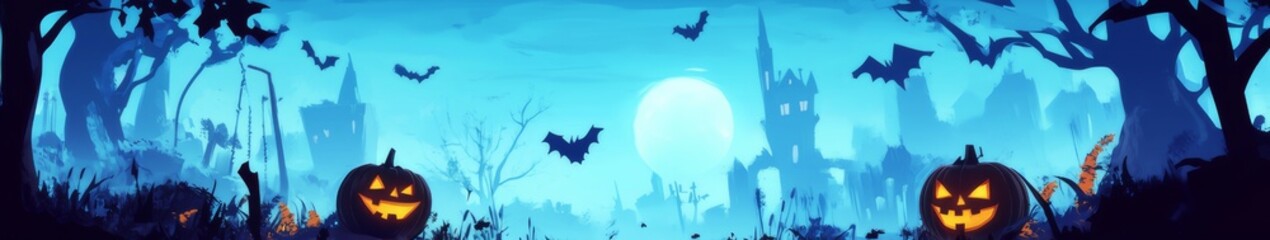 Fototapeta premium Spooky Halloween Banner for Website Featuring Glowing Jack-o'-Lanterns and Silhouetted Bats Flying in Front of a Full Moon, with Haunted Castle in the Background