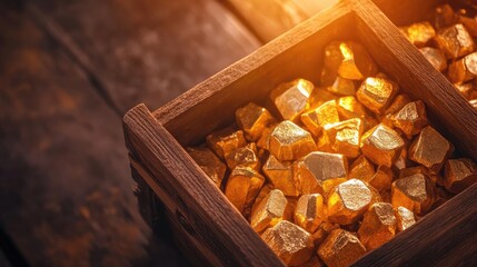 A close-up view of shiny gold nuggets in a rustic wooden box, highlighting their brilliance and allure against a warm background.