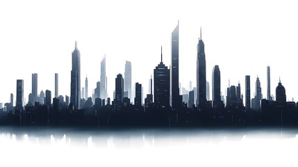 Obraz premium CG Futuristic City Skyline Silhouette: A sleek, CG-rendered silhouette of a futuristic city skyline, set against a stark white background. 