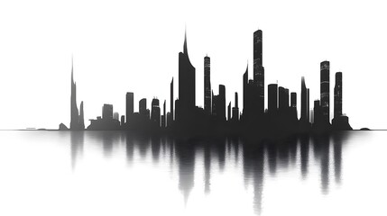 Obraz premium CG Futuristic City Skyline Silhouette: A sleek, CG-rendered silhouette of a futuristic city skyline, set against a stark white background. 