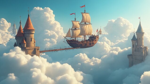 Nave nel cielo fra le nuvole fantastiche