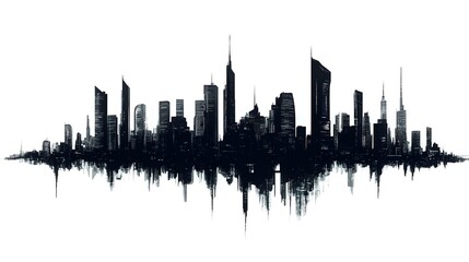 Obraz premium CG Futuristic City Skyline Silhouette: A sleek, CG-rendered silhouette of a futuristic city skyline, set against a stark white background. 