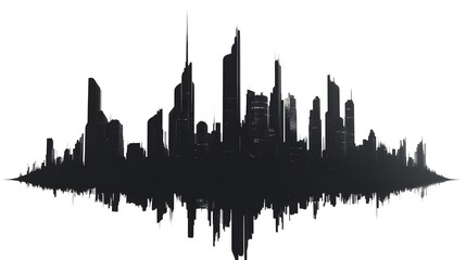 Obraz premium CG Futuristic City Skyline Silhouette: A sleek, CG-rendered silhouette of a futuristic city skyline, set against a stark white background. 