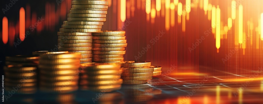 Poster digital representation of financial growth with stacks of coins and vibrant graphs illustrating mark