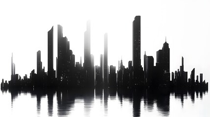 Obraz premium CG Futuristic City Skyline Silhouette: A sleek, CG-rendered silhouette of a futuristic city skyline, set against a stark white background. 