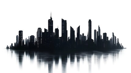 Obraz premium CG Futuristic City Skyline Silhouette: A sleek, CG-rendered silhouette of a futuristic city skyline, set against a stark white background. 