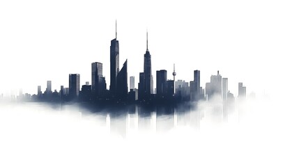 Fototapeta premium CG Futuristic City Skyline Silhouette: A sleek, CG-rendered silhouette of a futuristic city skyline, set against a stark white background. 
