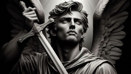 Close-up of a sculpture of an angel with a sword