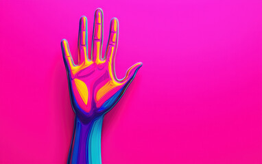 Obraz premium Vibrant multicolored 3D-rendered hand on a bold pink background, showcasing modern digital art and creativity.