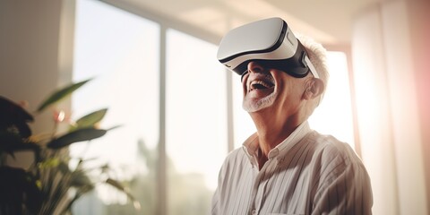 Elderly man wearing virtual reality headset have fun with technology happy face portrait view