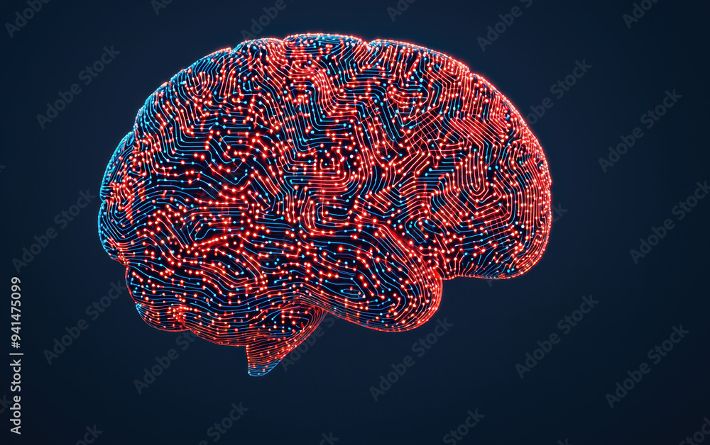 Poster futuristic glowing human brain visualizing artificial intelligence concept with red circuits on dark