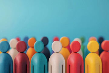 Colorful wooden figurines representing diverse crowd or community, standing together against a blue background, symbolizing unity and diversity.