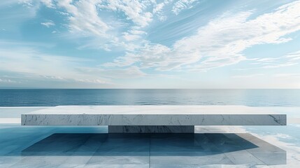 Obraz premium Sleek Marble Table by Infinity Pool with Ocean Backdrop for High End Product Display