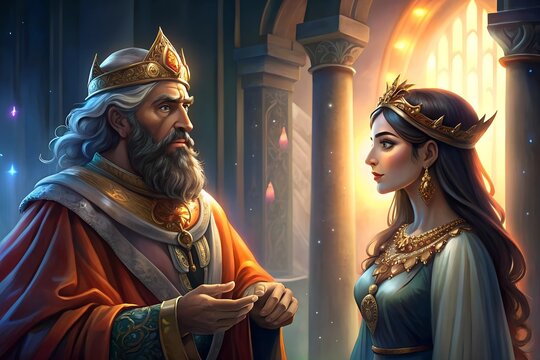 The wise King Solomon talks with the Queen of Sheba, who came to visit him