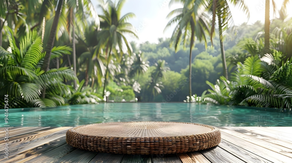 Aufkleber round wicker table set by tropical pool surrounded by palm trees ready for summer product display