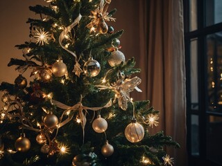 A festive Christmas tree sparkling with ornaments and fairy lights