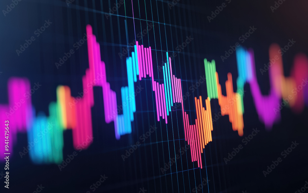 Aufkleber close-up of a colorful financial chart displaying stock market trends and data analysis on a dark ba