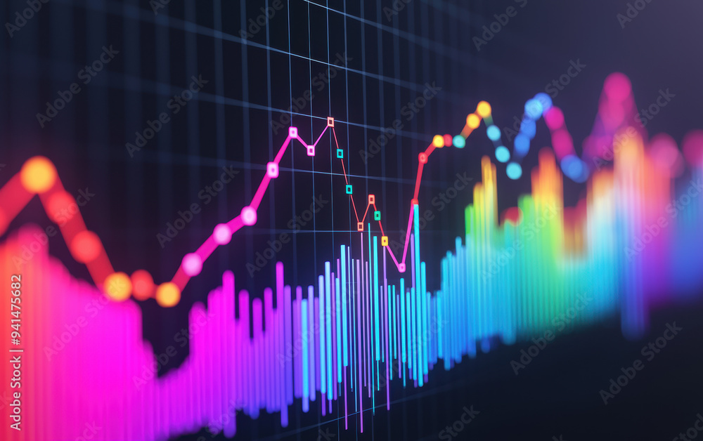 Poster colorful financial data graph with neon lines, showing trends and analysis on a digital display, sui