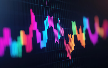 Close-up of a colorful financial chart displaying stock market trends and data analysis on a dark background.