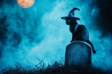 Tombstone scene with a Halloween witch cat against a blue background